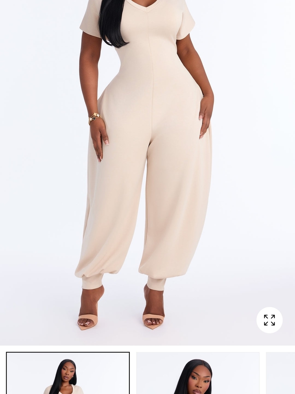 Fashion Nova Beige V-Neck Wide-Leg Jumpsuit